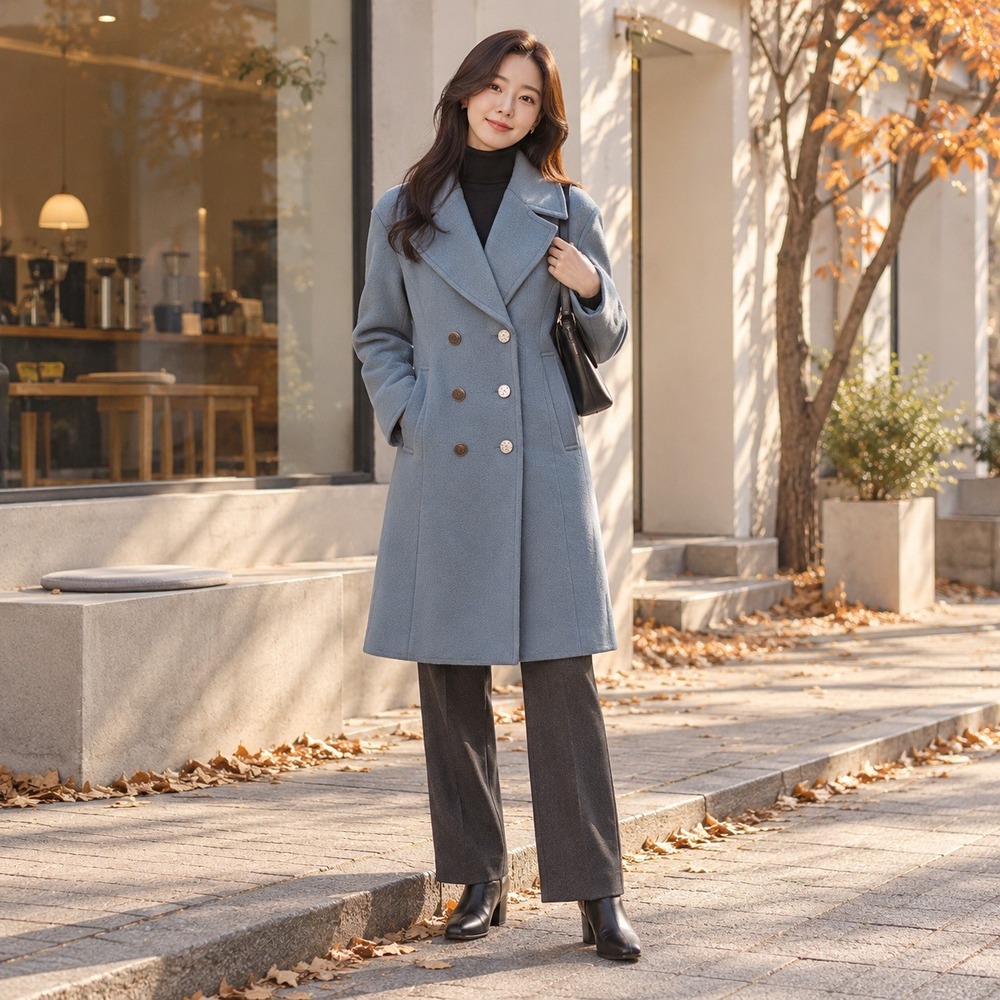 JS. New York Womens Blue Wool Blend Double Breasted Long Heavyweight Coat Korea